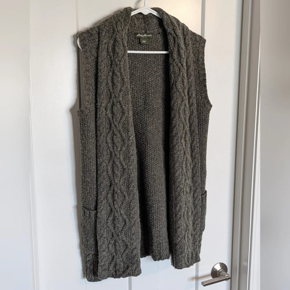 Eddie Bauer Sleeveless Wool Open Front Cardigan Green Cable Knit sz L - Picture 2 of 7